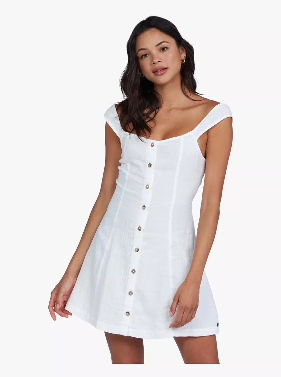 Roxy Women s Size M White Cotton Button Down Sleeveless Think Again Mini Dress