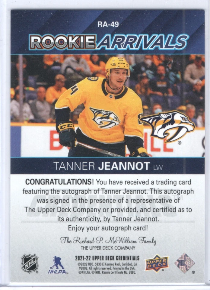 2021-22 Upper Deck Credentials Rookie Arrivals Tanner Jeannot Auto RA-49 - Image 2 of 2