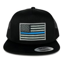 Oversize XXL Thin Blue Line USA Flag Patch 5 Panel Flatbill Snapback Mesh Cap