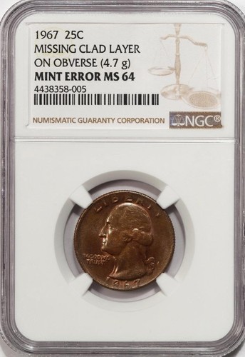 1967 NGC MS64 Missing Clad Layer Quarter Mint Error Rare Early Clad Error Type - Picture 3 of 4