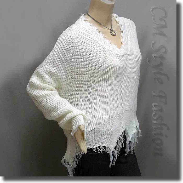 Suéter Pullover Acanalado Tejido Grunge Triturado Cuadrado con Rasgaduras Top Blanco M Foto 4 de 4