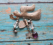 Pretty Etched Angel Dangling Heart Charms Pin Brooch Silver Stars Glass Beads