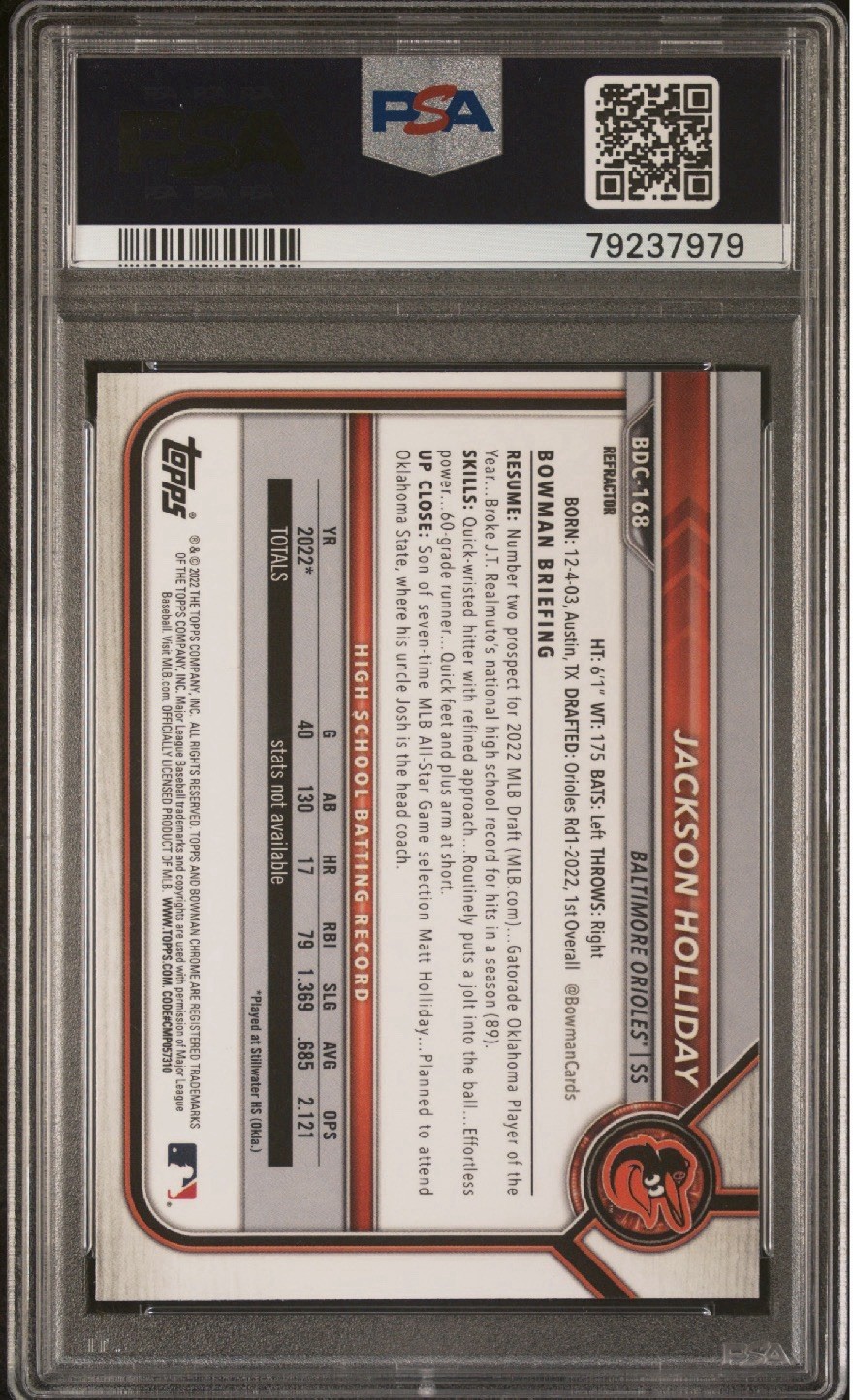 2022 Bowman Draft Jackson Holliday Chrome Refractor 1st Bowman PSA 10 Gem Mint view 2