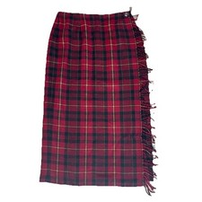 Vintage 80s 90s Womens Skirt Size 14 31" Waist Wool Wrap Plaid Tartan Red Fringe