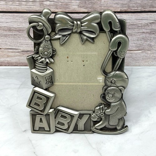 Pewter Photo Frame Baby Toddler Holds Photo 3.5 In x 5 In Bear Blocks Sixtrees