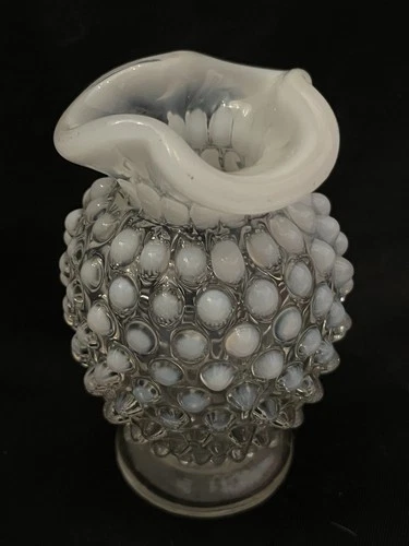 Vintage Fenton White Opalescent Ruffle Edge Hobnail Small Bud Vase