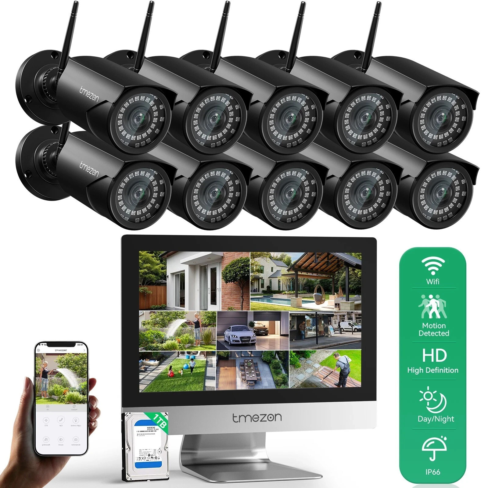 Wireless Security Camera System Metal 12'' Monitor Outdoor 2K Wifi IP Camera 1TB