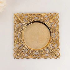 6 GOLD Square 12" Vintage Acrylic Dinner Charger Plates with Hollow Lace