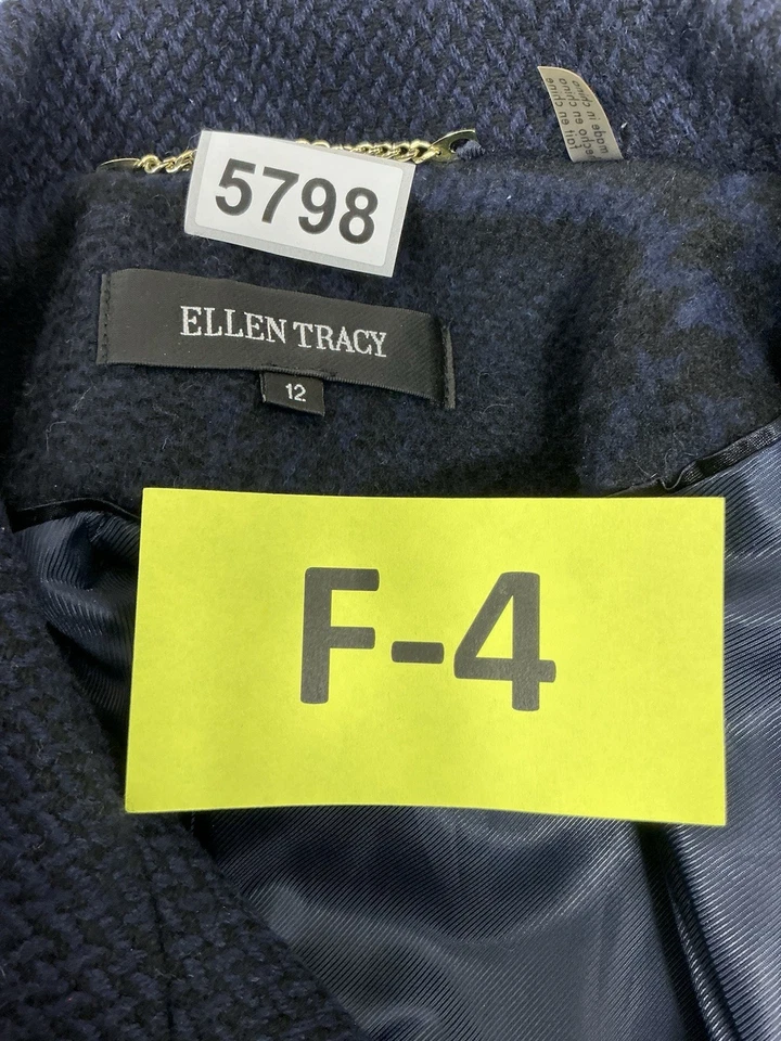 Womans Ellen Tracy Midi Length Overcoat Size 12 Blue Plaid Lined Button Up - Image 3 of 4