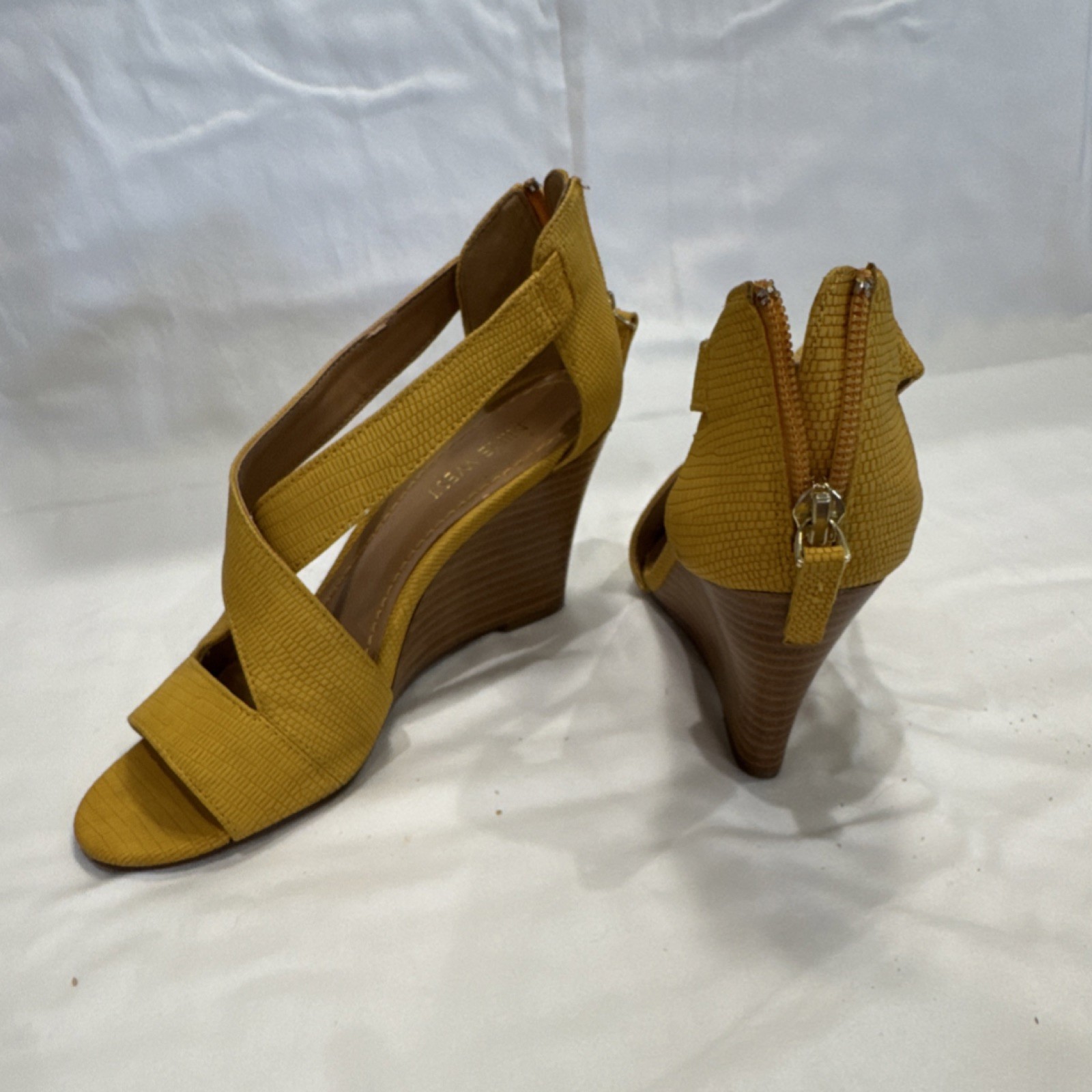 Nine West Yellow Strappy Wedge Sandals Zip Closure Synthetic Casual Solid