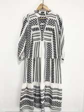 Mint Velvet Midi Dress Size 14 UK White Black Aztec Boho Tiered 3/4 Sleeve Beach