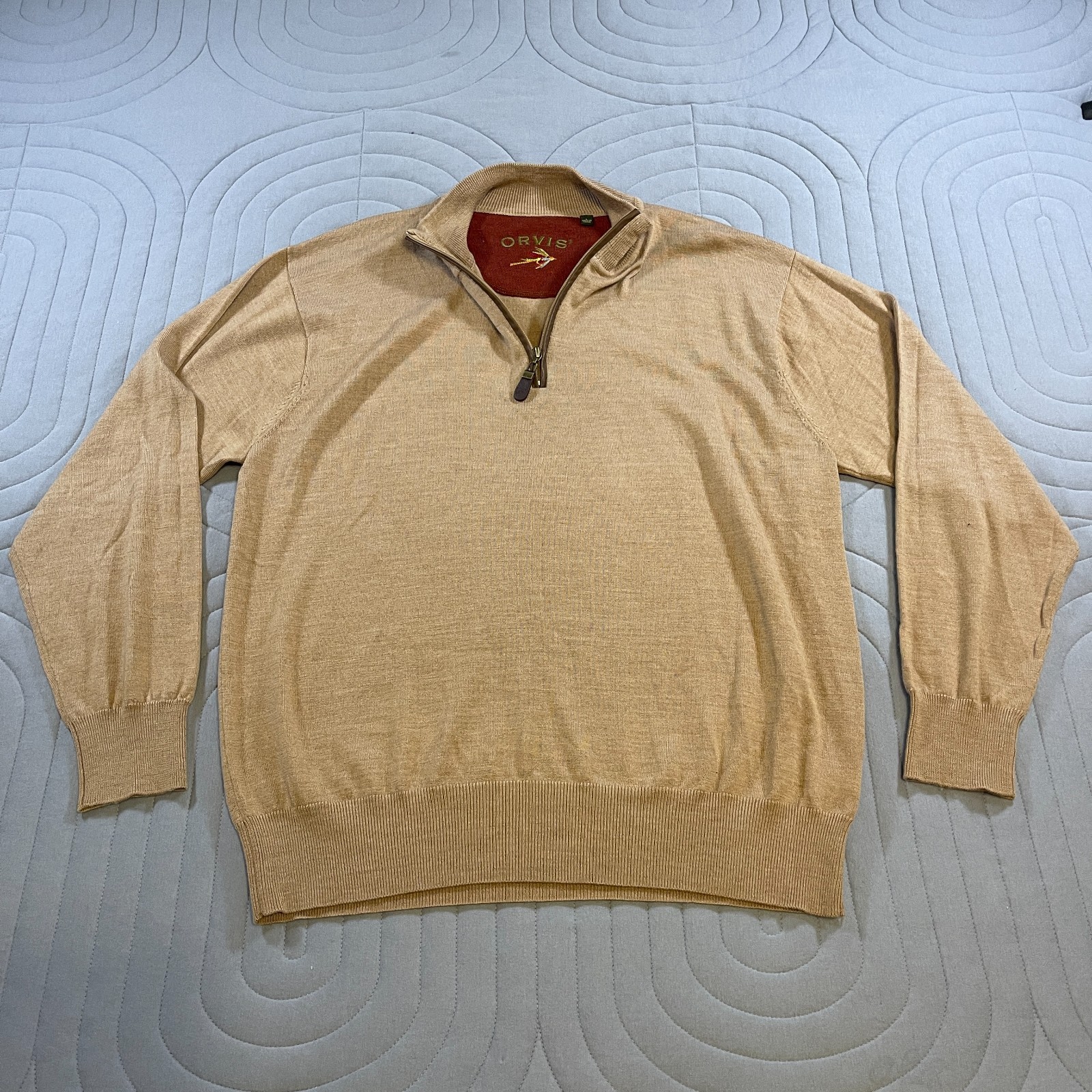 Orvis Sweater Mens Large Brown 100% Merino Wool Quarter Zip Camp Outdoors