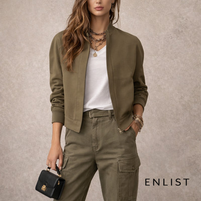 Enlist Damen Khaki Baumwolle Ottoman Bomberjacke Freizeit Größe M Neu mit Etikett UVP 265 £