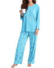 2 Piece Womens Blue Pajama Sets Long Sleeve Sleepwear with Pants Soft Crewnec...