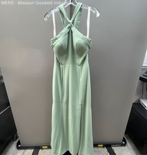 Azazie Womens Sage Green Pleated Halter Cutout Back Bridesmaid Maxi Dress Sz A10