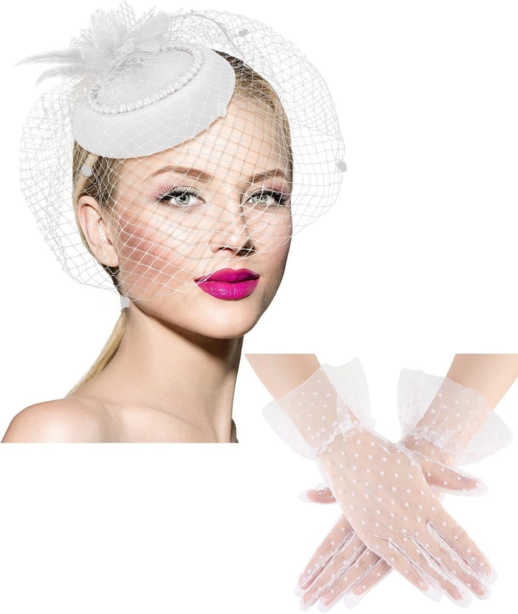 20s 50s Tea Party Hat Clip and Gloves Set Fascinator Hat for 