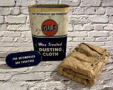 Vintage 1950s / 60s GULF Wax Treated Dusting Cloth Advertising Tin w/ Cloth