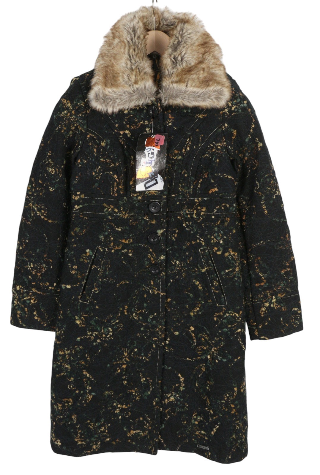 DESIGUAL Women Coat ~XS Black Patterned Wool Blend Removable Faux Fur Mid-Length