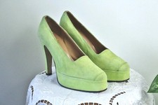 BERTONI Vintage Suede Plateau Pumps 38 Voll Echtleder Hellgrün High Heels Party