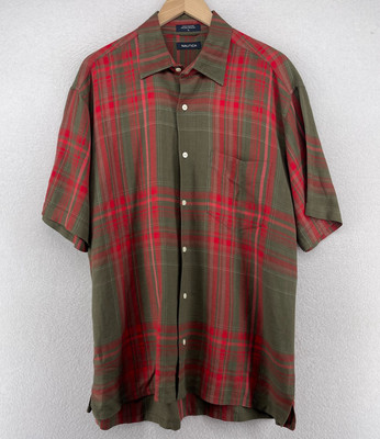 NAUTICA Shirt Mens L Linen Blend Camp Plaid Button Up Short Sleeve Red Brown