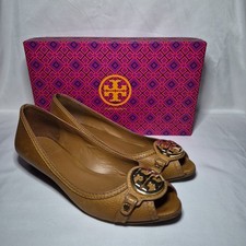 Tory Burch Raleigh Logo Wedge Pumps Brown Leather Size 8.5