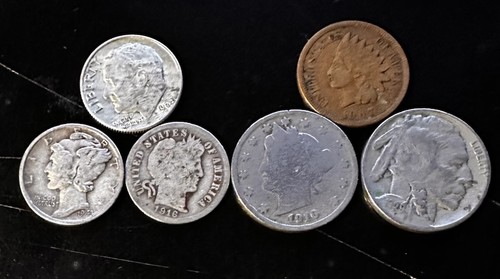 6 Coin Lot - Barber, Mercury, Roosevelt, Indian, Liberty NIckel, Buffalo Nickel