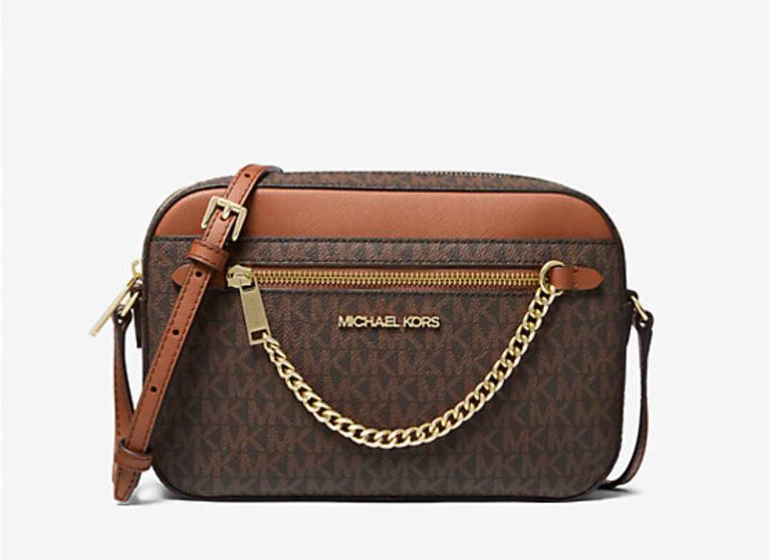 Authentic Michael Kors Jet Set Brown Signature PVC Zip Chain