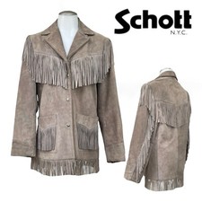 Vintage SCHOTT NYC Womens M 12 Suede Leather Jacket Western Rancher Fringe GRAY