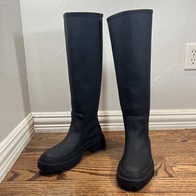 Zara Rubberized Platform Lug Sole Chunky Combat Black Rubber Rain Boots 10  US