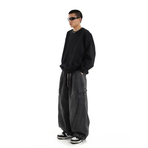 Schwarze Baggy Cargo Jeans Hose Herren Streetwear Freizeit weites Bein Männer Denim Pants - Bild 4 von 18