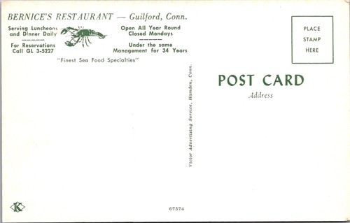 GUILFORD, CONNECTICUT - RESTAURANTE DE MARISCOS BERNICE - POSTAL DE COLECCIÓN - Imagen 2 de 2
