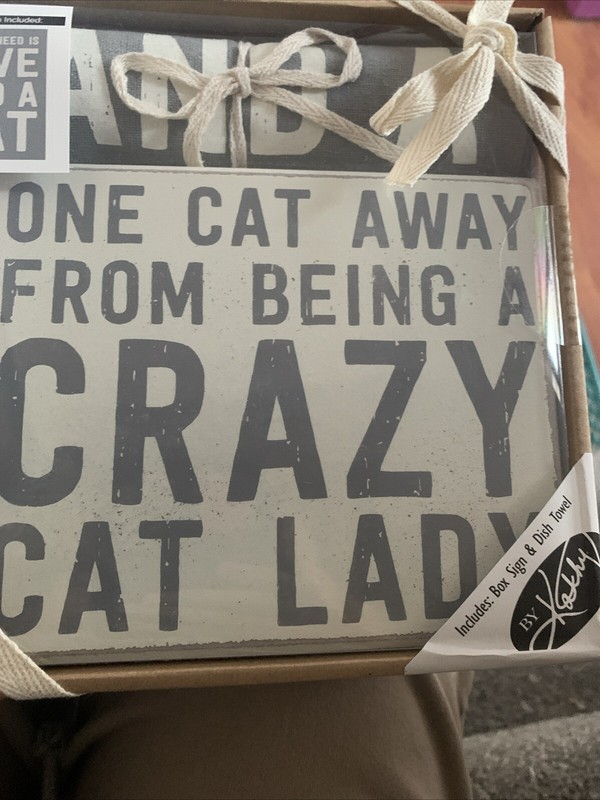 New Primitives By Kathy Dish Towel Cat Away from Crazy Cat Lady Plaque Sign