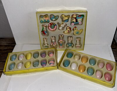 Vtg Lot Of 38 Miniature Eggs Bunny Rabbit Chicken Wood Easter Tree Ornaments NOS
