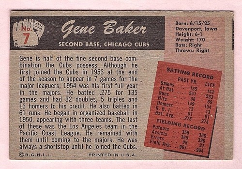 Gene Baker Chicago Cubs 1955 Bowman Card #7 - Imagen 2 de 2
