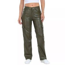 Womens Leather Pant Olive Green Lambskin Stylish Handmade Casual Cargo Pant - 40