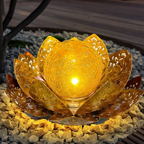 LED Solar Lotus Blüte mit Leucht Kugel - 20cm - Crackle Bruch Glas Garten Deko - Bild 12 von 12