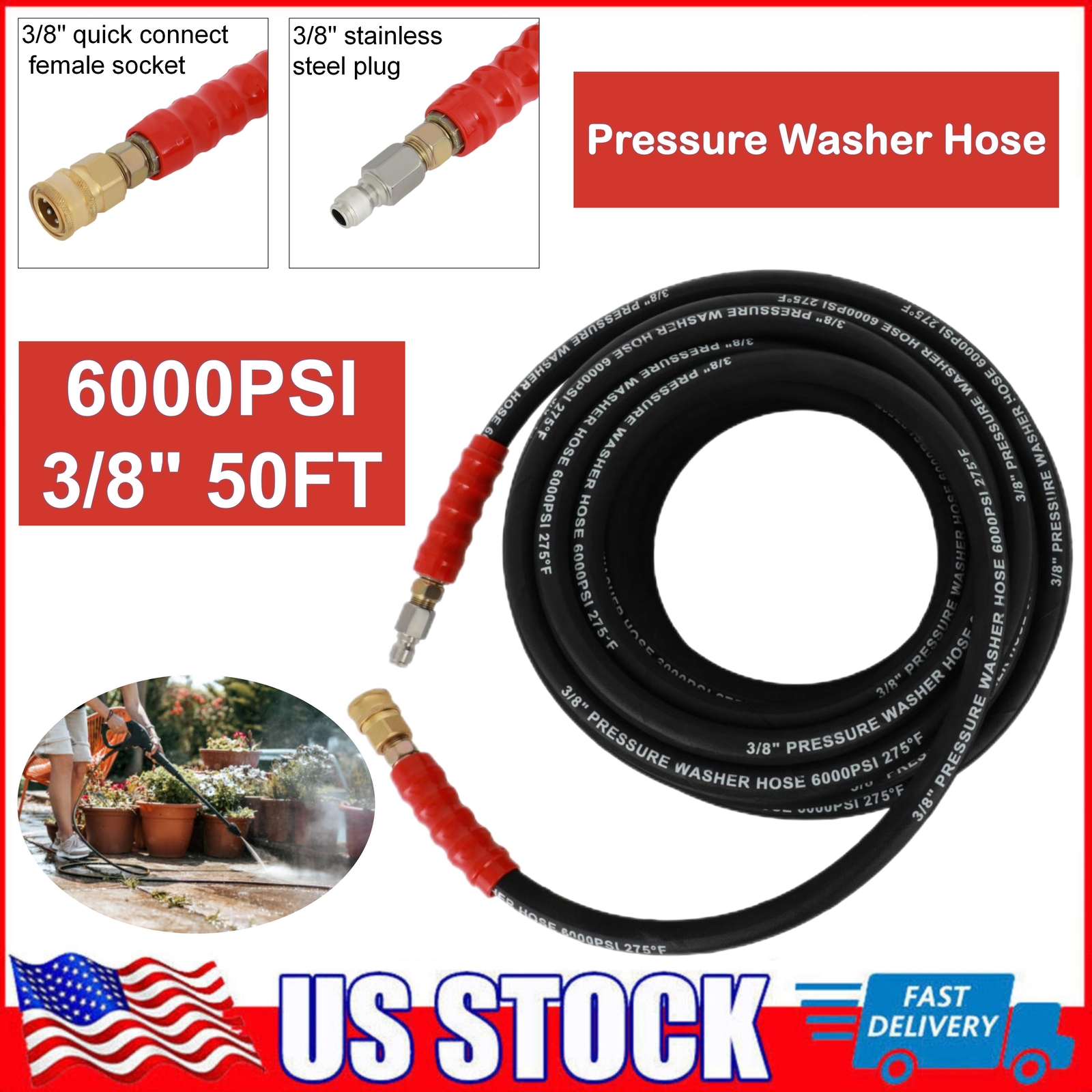 3/8" x 50ft 6000psi 2-Braid R2 Black Hot Water Pressure Washer Hose
