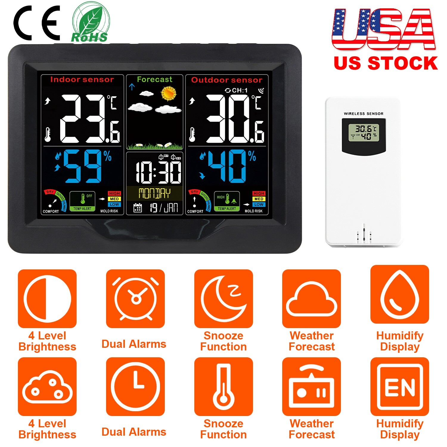 7-in-1 Weather Station Digital Clock Wireless Indoor Outdoor Thermometer