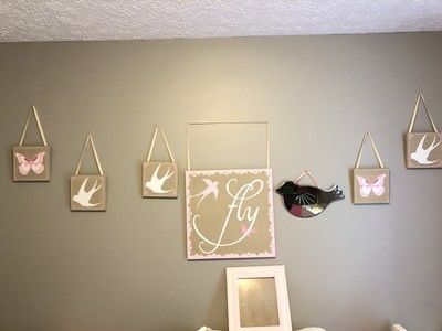 Pottery Barn Kids Butterfly Bird Wall Canvas Lot Mirror Frame Pink