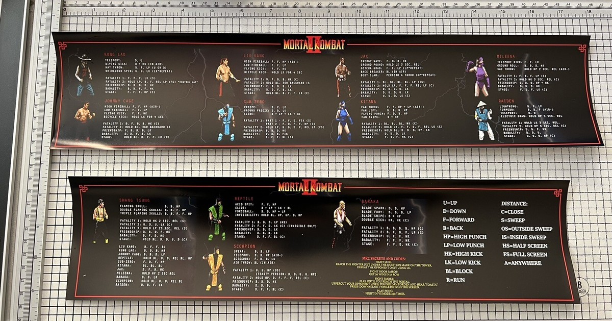 Mortal Kombat II (2) Midway Arcade Bezel Instruction Moves List 
