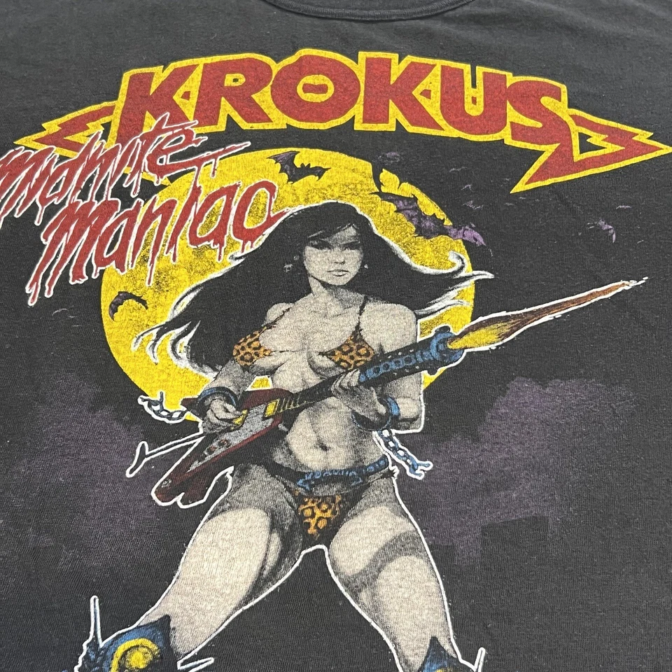 True Vintage 80s Krokus Shirt Adult S Crop Black Pinup Faded Single Stitch Band - Image 3 of 4