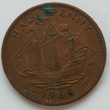 Old Coin 1964 Halfpenny Ship Design British