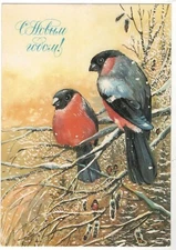 1986 Birds Bullfinches Happy New Year! Christmas ART OLD Soviet Russian Postcard