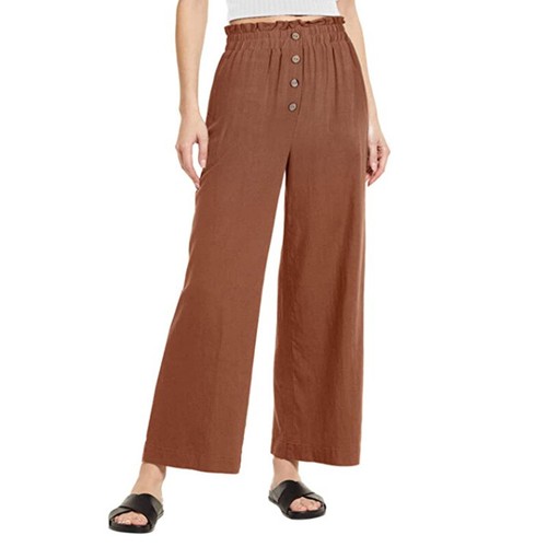 Women High Waist Cotton Linen Trousers Ladies Button Baggy Wide Leg Bottom Pants - Picture 12 of 16