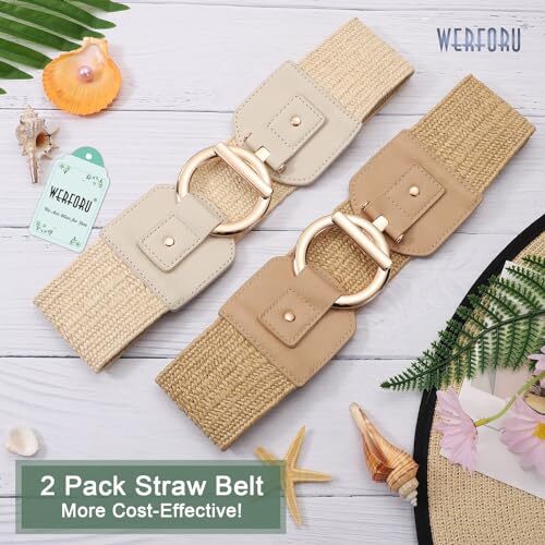 2 Pack Women Straw Woven Elastic Stretch Belt, Ladies Summer Braided Boho Waist - Picture 2 of 11