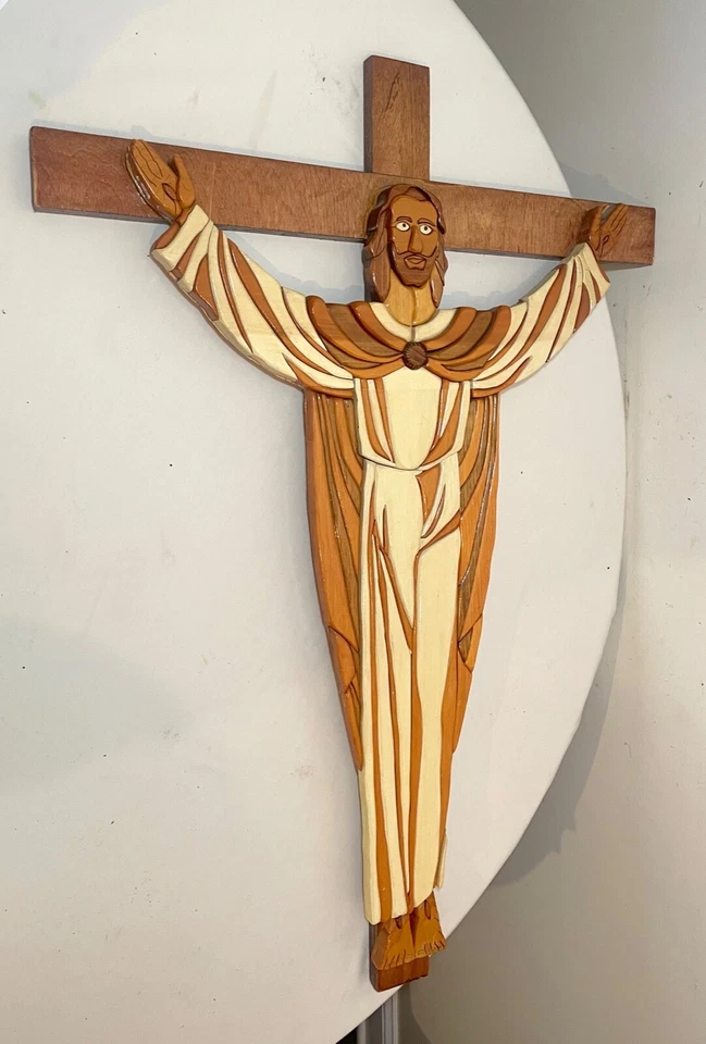 ENORME tallado Jesucristo Intarsia madera arte pared marquetería escultura crucifijo Foto 2 de 4