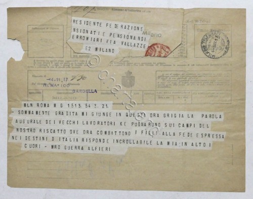 WWI Caporetto - Telegramma augurale Ministro della Guerra - 4 novembre 1917