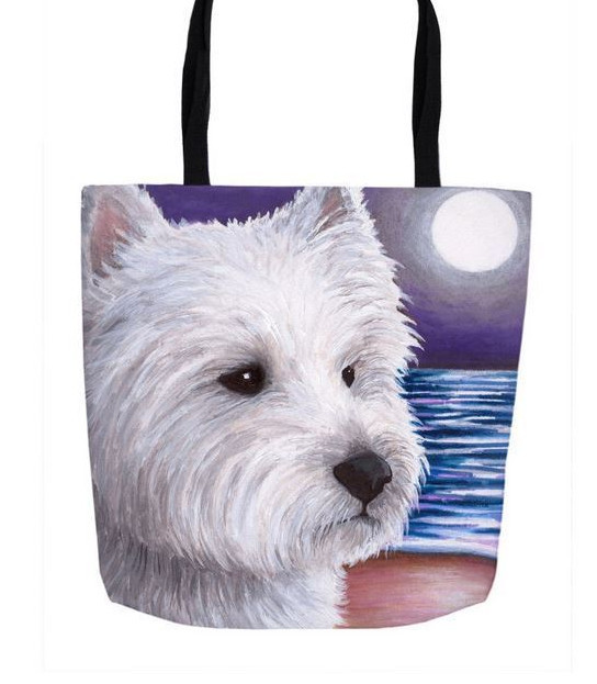 White Westie Moon Ocean Art Tote Bag by L Dumas All Over Print-image