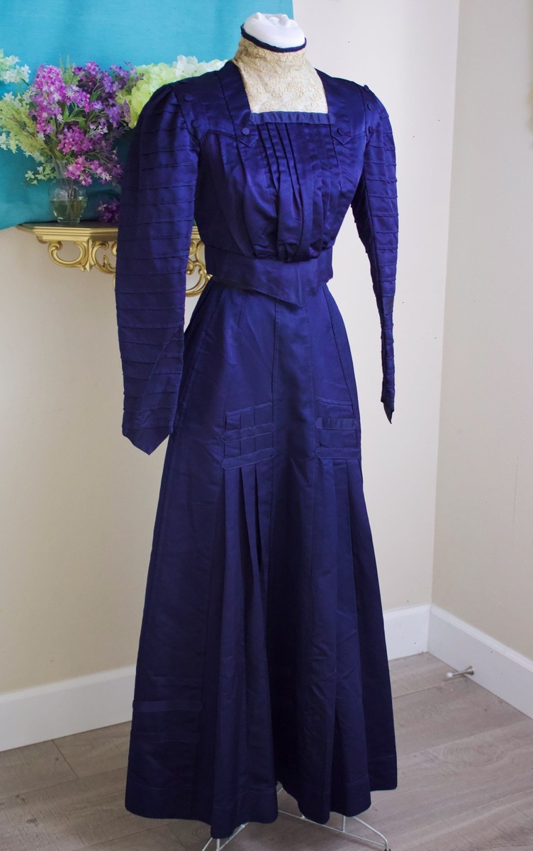 1910s Rare Edwardian Navy Deep Blue Silk Satin Walking Day Dress