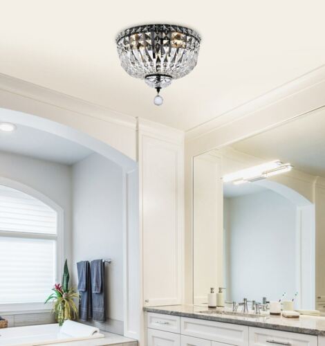 Chandelier Crystal Flush Mount Light Black Dining Room Bedroom Bathroom Lighting - Picture 2 of 8